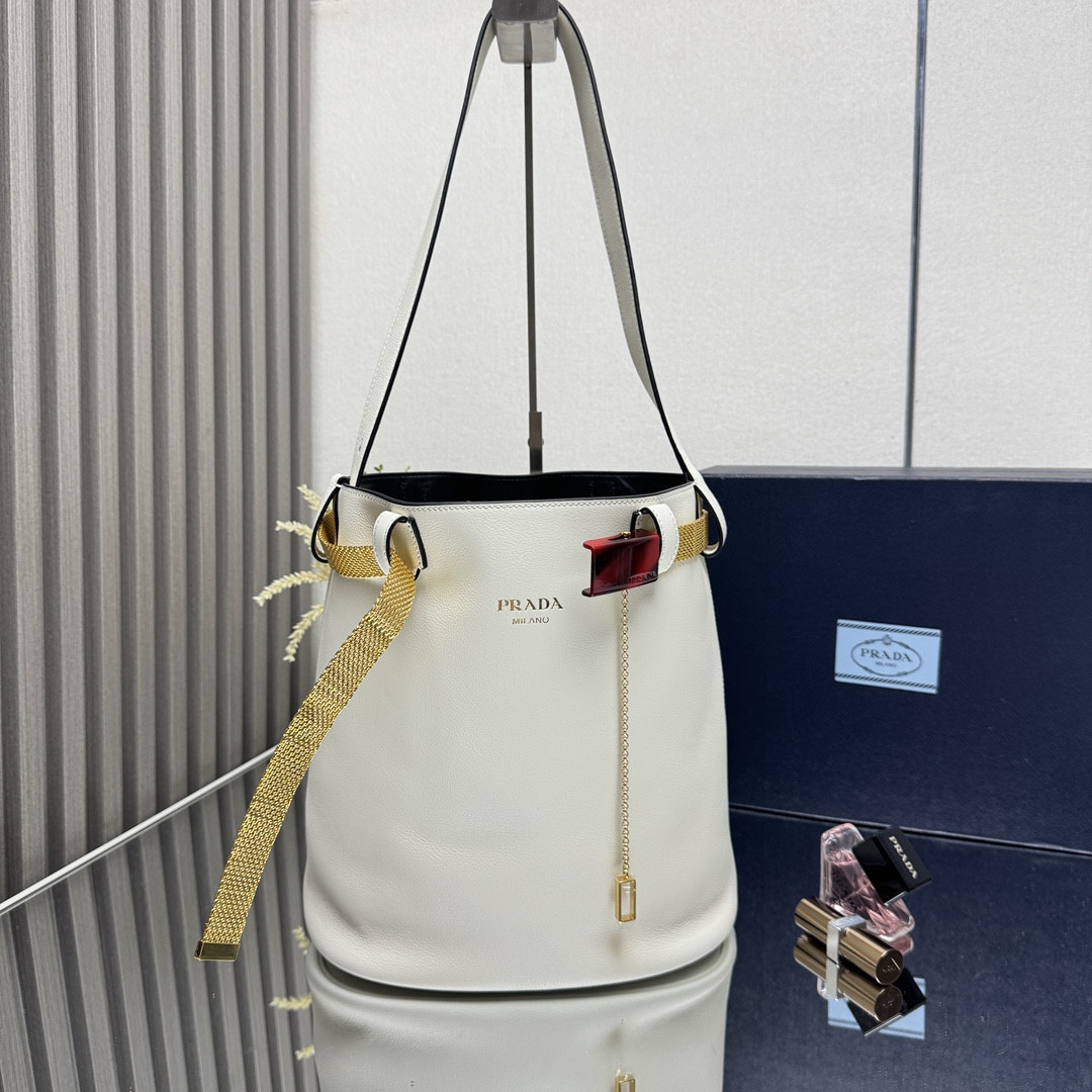 Pra*a Buckle leather bucket bag with jeweled belt 29x26.5x18cm